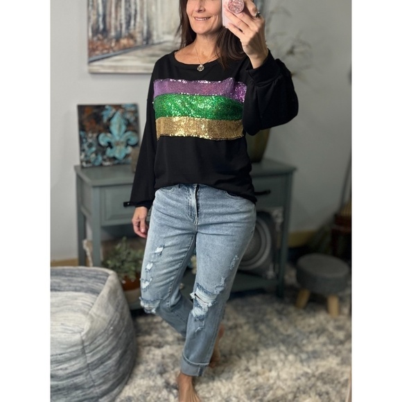 Mardi Gras Sequined Color Block French Terry Purple Green Gold Black 1123 - Picture 2 of 11